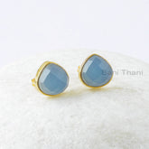 Blue Chalcedony Stud Earrings, Blue Chalcedony 9mm Heart Sterling Silver Earrings, Gemstone Earrings, Gold Plated Earrings, Valentines Gift